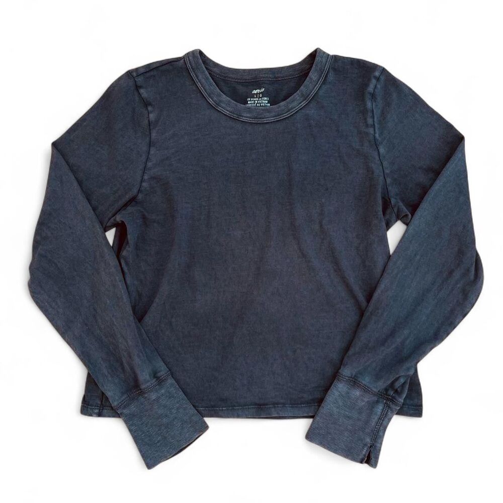 Aerie Dark Grey Distressed Long-sleeve Crew Neck Size Large